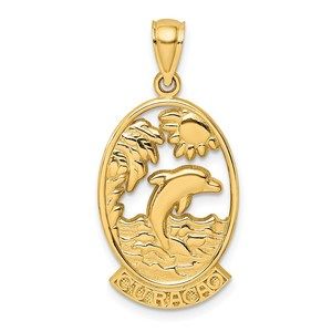 14k Yellow Gold Travel CURACAO with Dolphin Sunset Necklace Charm Pendant